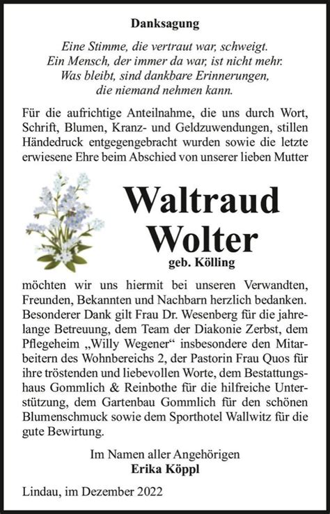 Traueranzeigen Von Waltraud Wolter Geb K Lling Abschied Nehmen De