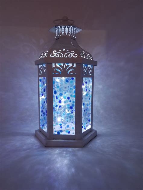 Starry Night Custom Fused Glass Lantern Centerpiece With Leds Etsy