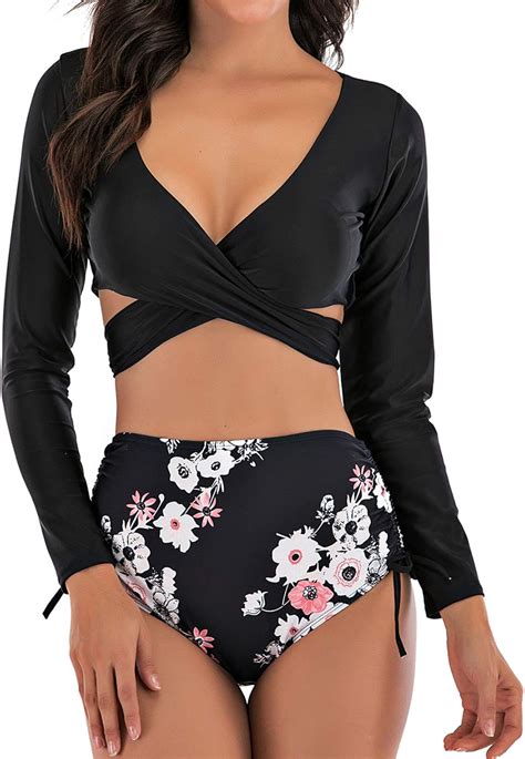 SWSMCLT Women S Long Sleeve Bikini V Neck High Waisted Swimsuit Crop