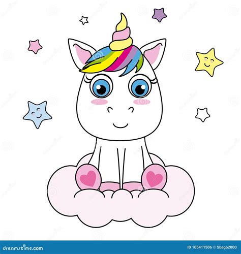 Cute Cartoon Unicorn Sitting On A Cloud Stock Vector Illustration Of