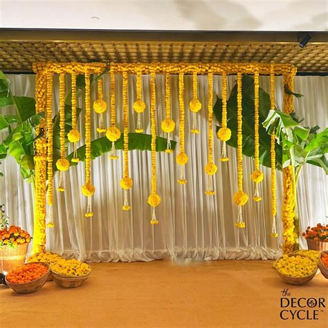 South Indian Haldi Decor With Genda Phool And Banana Leaves