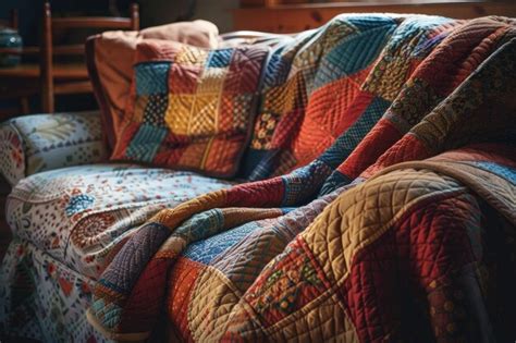 Premium Photo A Couch Covered In A Multicolored Quilt Next To A Window