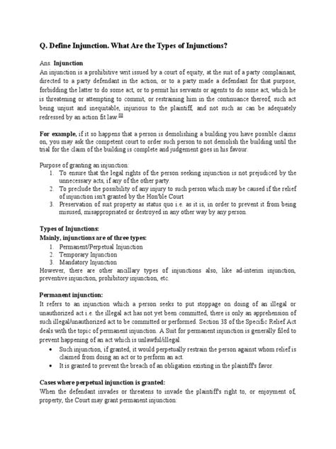 Q. Define Injunction. What Are The Types of Injunctions? | PDF ...