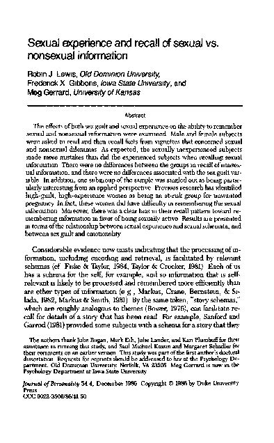 Pdf Sexual Experience And Recall Of Sexual Vs Nonsexual Information Robin J Lewis