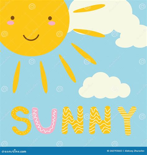 Good Morning Sunshine Cute Cartoon Style Greeting Card With Smiling Sun Character And Clouds