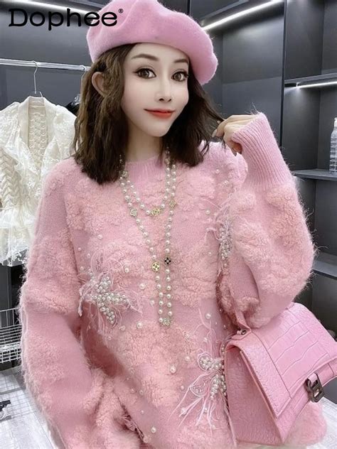 Autumn Winter New Thick Warm Sweater Pullover Korean Heavy Industry Beads Flower Loose Oversized