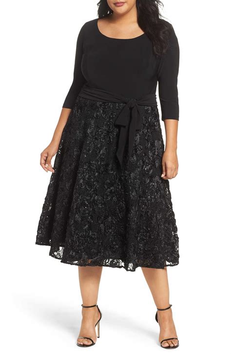 Alex Evenings Tea Length Jersey And Rosette Lace Dress Plus Size