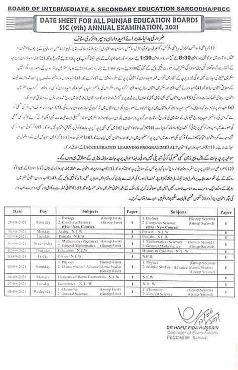 Sahiwal Board 9th Class Date Sheet 2025 Ssc Part 1