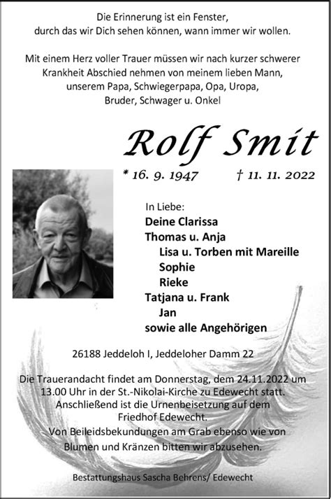 Traueranzeigen Von Rolf Smit Nordwest Trauer De