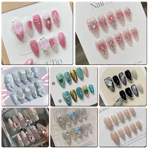 100 HANDMADE Artificial Nail Almond Shaped Blush Diamond Ice Nude Color Black Babes Hand Painted
