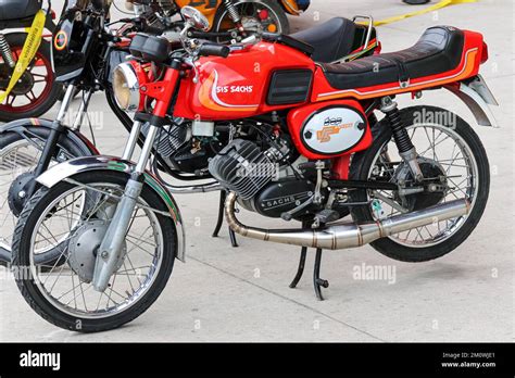 A Classic SiS Sachs V5 Top Racing Motorcycle In Red Color Parked On