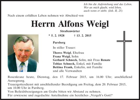 Traueranzeigen Von Alfons Weigl Mittelbayerische Trauer