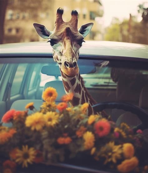 Premium Ai Image A Giraffe Sticking Its Head Out Of A Car Window With