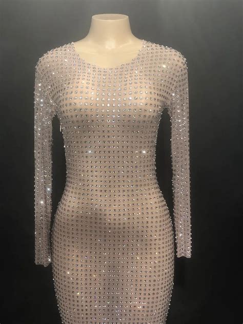 Dj Nightclub Glisten Rhinestones Stretch Mesh Dress Womens Birthday