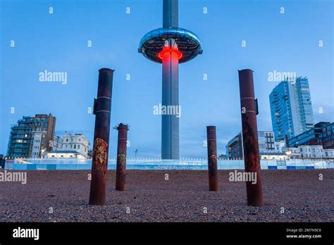 Dawn At I360 Tower On Brighton Seafront East Sussex England Stock