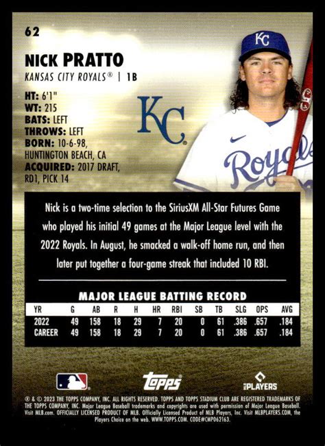 2023 Topps Stadium Club Nick Pratto 62 Black Foil Rookie Kansas City