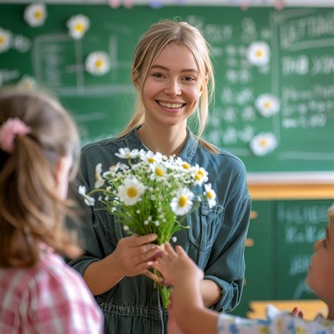 Premium Photo Student Give Flowers As A School Teacher And Celebrate