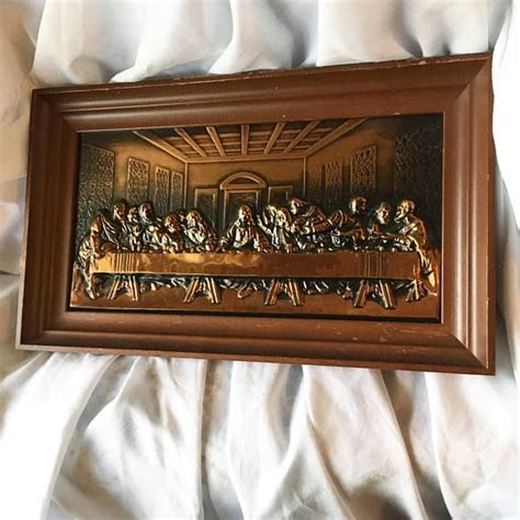 Vintage Last Supper Copper Metal Artwork Picture Framed Last Supper