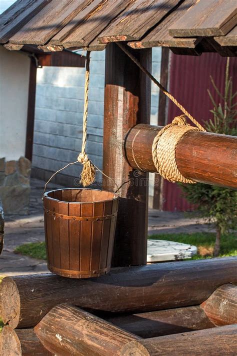 Wooden Well Bucket On A Rope Stock Image Image Of Rope Traditional