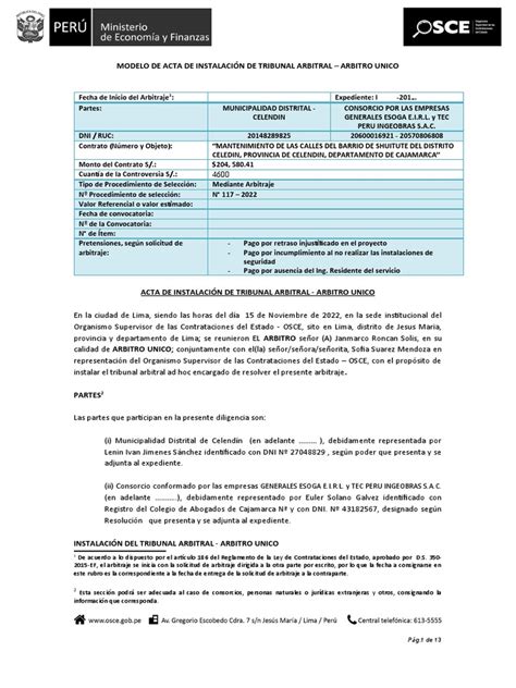 Modelo De Acta De Tribunal Arbitral Vf Pdf Arbitraje Mandato