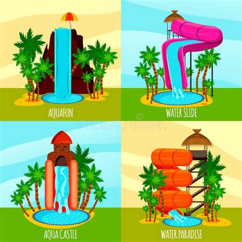 Aqua Park Flat Design Concept With Theme Water Slides Pools And Palm