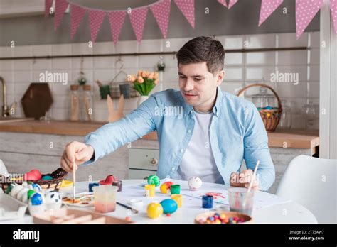 Portrait Father Painting Eggs Easter Stock Photo Alamy