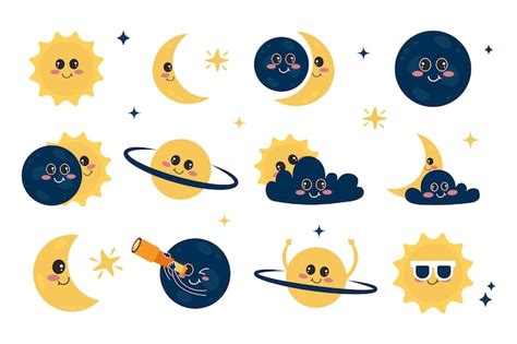 Premium Vector Set Of Kawaii Solar Eclipse Elements In Flat Cartoon Style