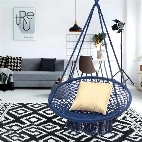 Round Hammock Furniture Outdoor Indoor Swing Chair Hanging For Dormitory Bedroom Blue Hammock ...