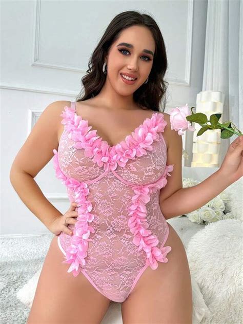 Plus Floral Appliques Lace Teddy Bodysuit Shein Usa