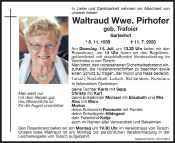 Traueranzeigen Von Waltraud Pirhofer Trauer Bz