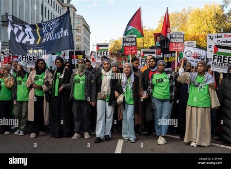 Junge Frauen Führen Mit Palästinensischen Flaggen Und Plakaten Einen