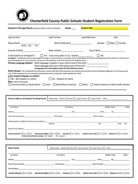 Fillable Online CCPS Student Registration Form Chesterfield County