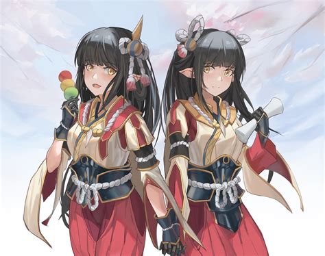 Hinoa Minoto Monster Hunter Rise Yuri Pointy Ears Twins Japanese Clothes Brunette