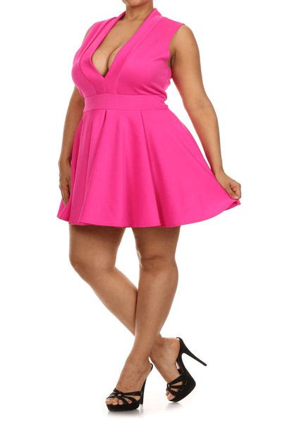 Plus Size Lively Deep V Neck Pink Skater Dress Plussizefix