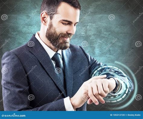 Man Using His Smartwatch With Virtual Hologram Stock Photo Image Of