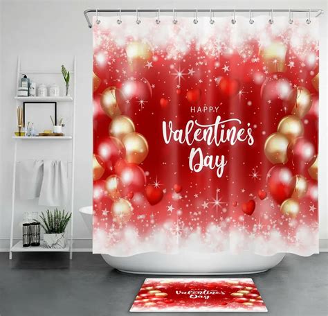 Romantic Valentine S Day Shower Curtain Set Gold Red Balloons And Love