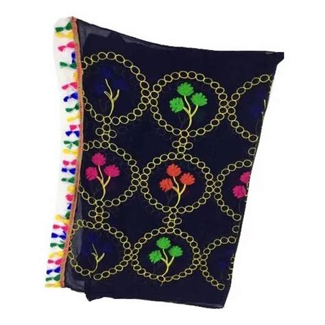 Embroidered Thread Work Tassel Border Phulkari Chiffon Dupatta At 130