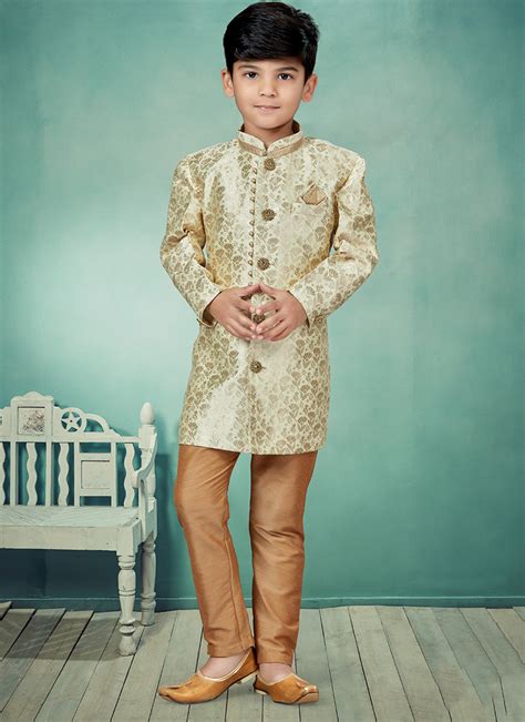 Shop Cream N Gold Banarasi Silk Jacquard Classic Sherwani Party Wear