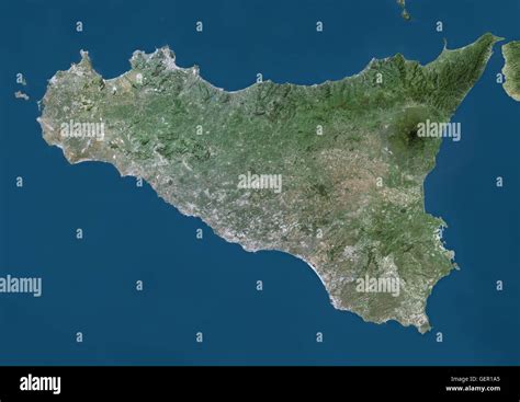 Satellite View Of Sicily Italy Mount Etna On The East Coast Of