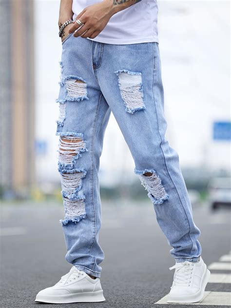 Men Ripped Frayed Cut Out Jeans Ripped Jeans Men Stylish Jeans For