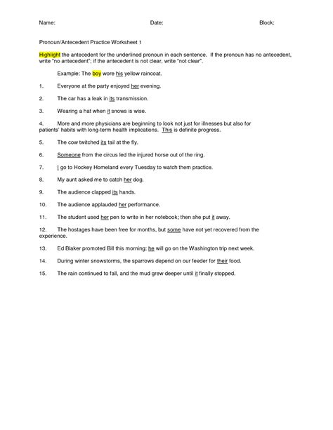 Pronouns And Their Antecedents Practice