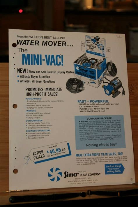 Brochure Simer Pump Company Water Mover Mini Vac 1975 Vintage Marine