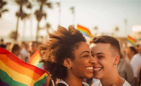 Premium Photo Happy Couple Celebrating On The Beach At Lgbtq Pride