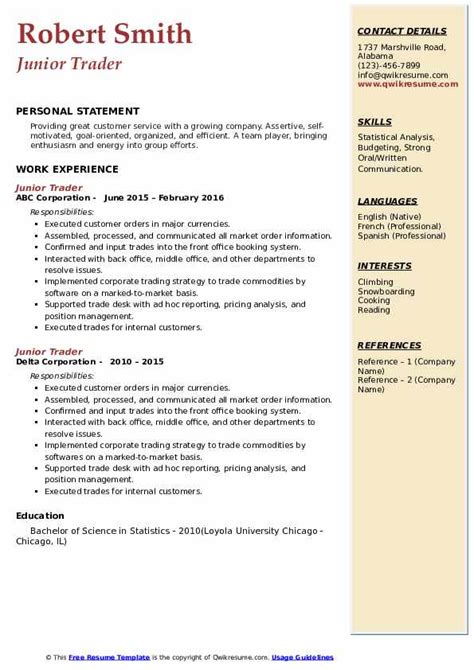 Junior Trader Resume Samples Qwikresume