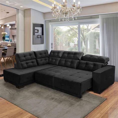 Sofa Canto Lugar Retratil Chaise Blumenal Cm Veludo Preto