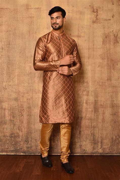 Buy Brown Art Silk Embroidery Thread Mandarin Collar Kurta Set For Men