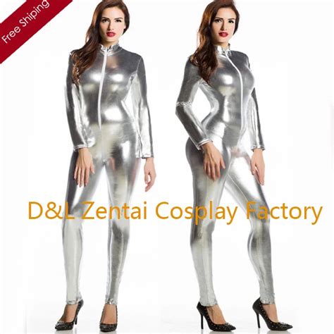 Free Shipping Dhl Sexy Lovely Shiny Metallic Silver Zentai Catsuit Zipper In Front Sm103zentai