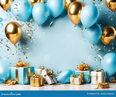 Birthday Celebration Background With Light Blue And Golden Balloons And