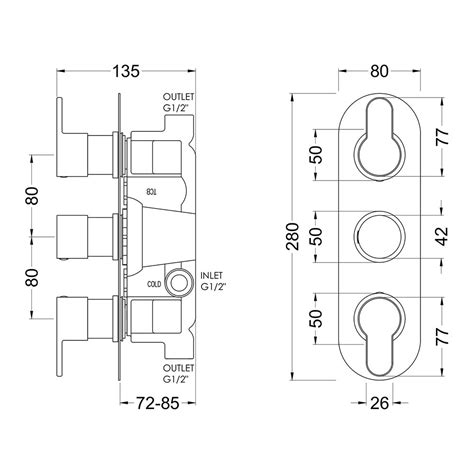 Nuie Arvan Triple Handle Thermostatic Concealed Shower Valve Outlet