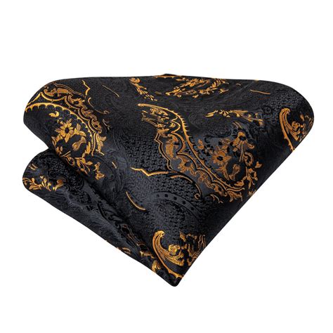 Dibangu Mens Silk Cravat Ascot Tie Ring Black Gold Paisley Hanky